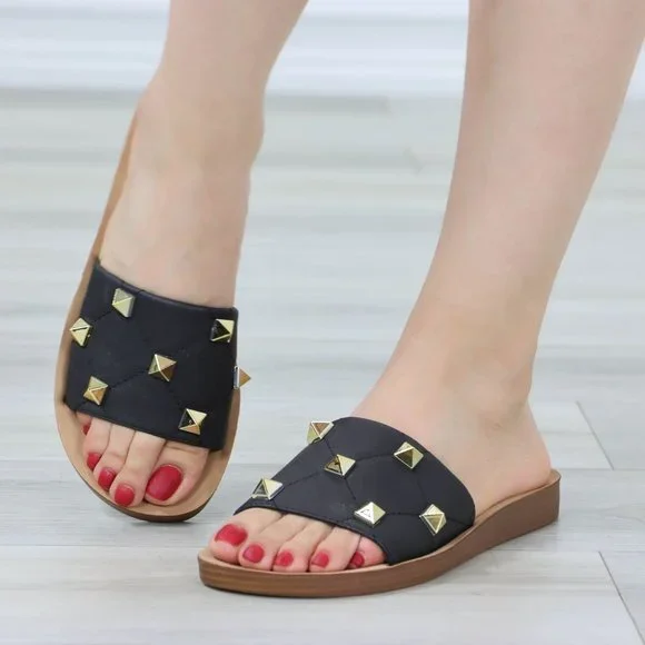 Black Flat Comfort Flexible Sandal Slip On Sliders Trendy Gold Studs Glittery To - Picture 7 of 14